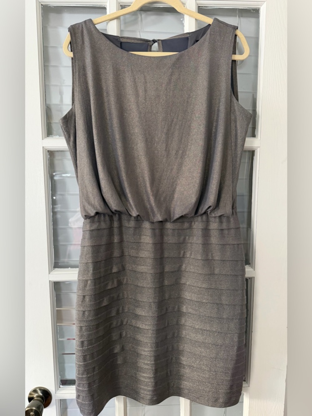 Ronni Nicole Women’s 14 Blue Gray Gold Metallic Shimmer Blouson Dress | SKU 0019